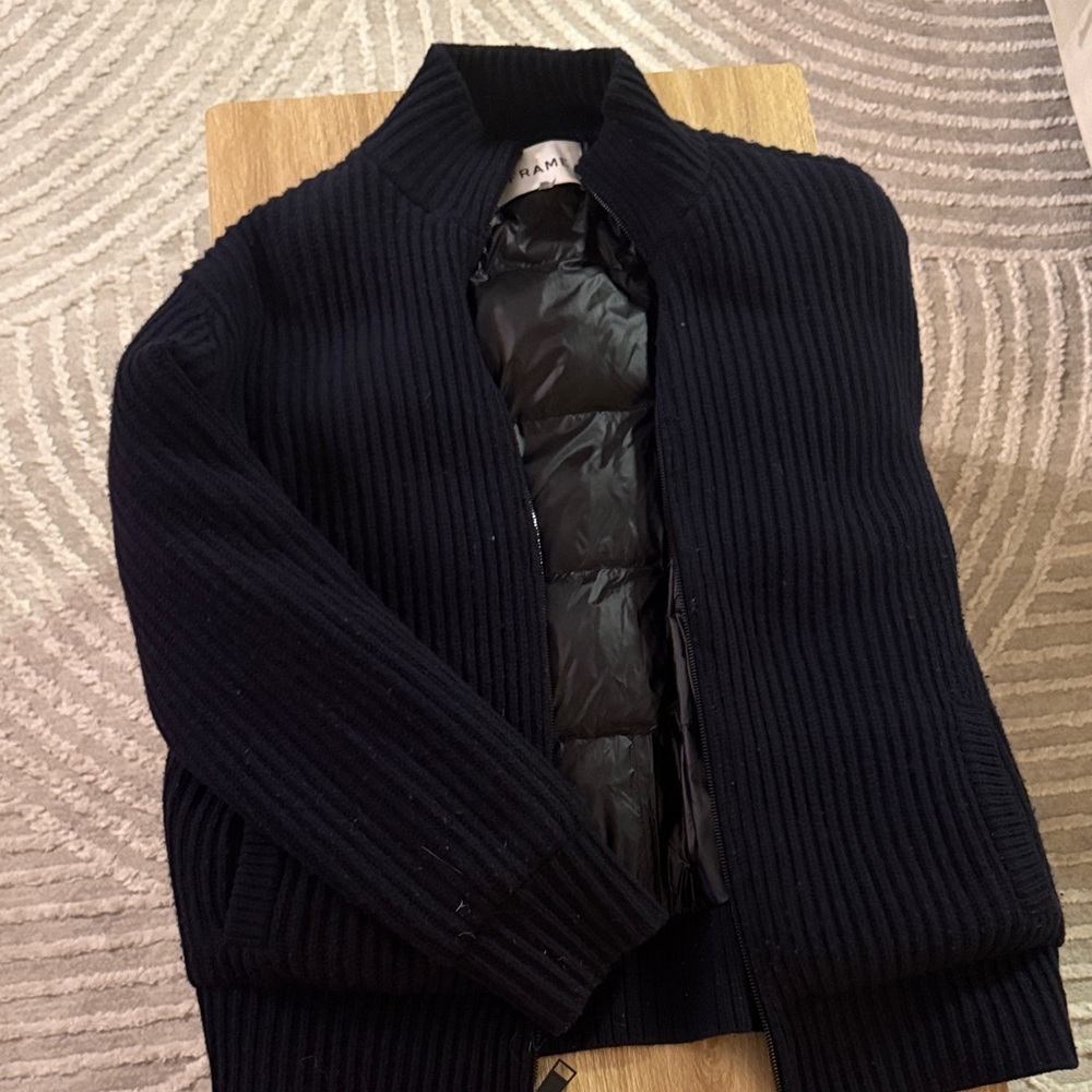 Frame Denim Men's Black Rib-Knit Zip-Up Jacket with Quilted Center Panel